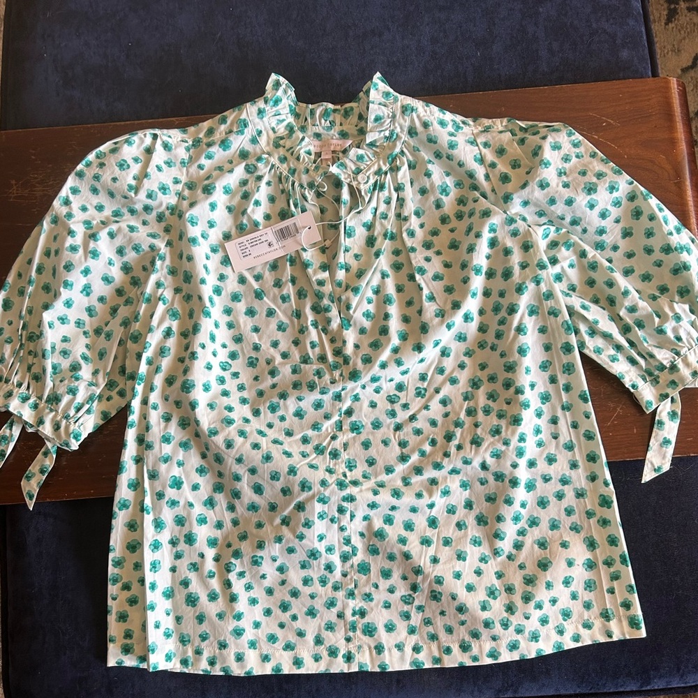 Rebecca Taylor cream blouse/green flower pattern